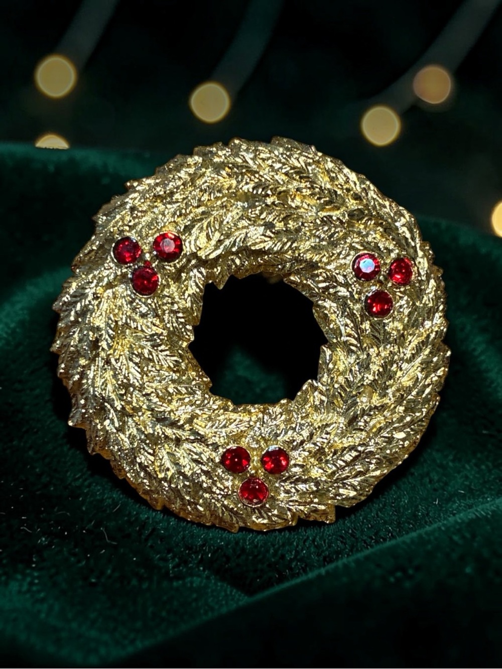 Gold Holiday Wreath Brooch with Red Rhinestones